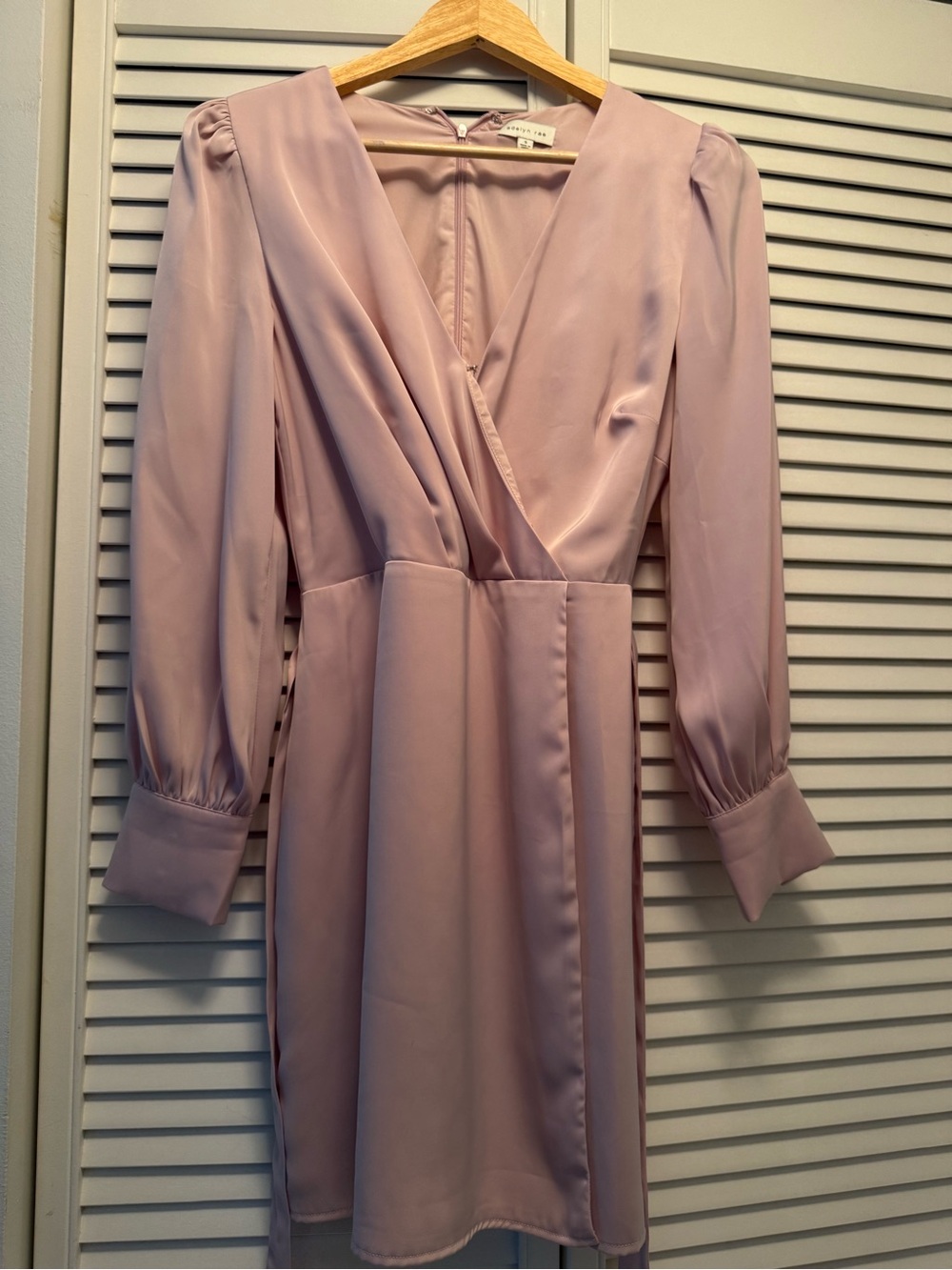 Adelyn Rae Blush Pink Satin Wrap-Style Long Sleeve Dress